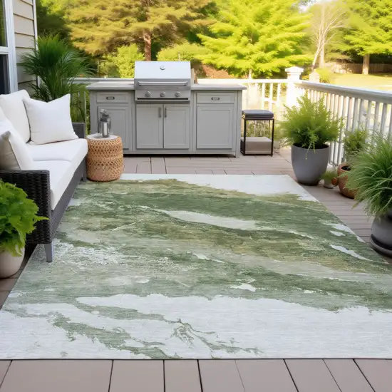 Green And Silver Abstract Washable Indoor Outdoor Area Rug Photo 3
