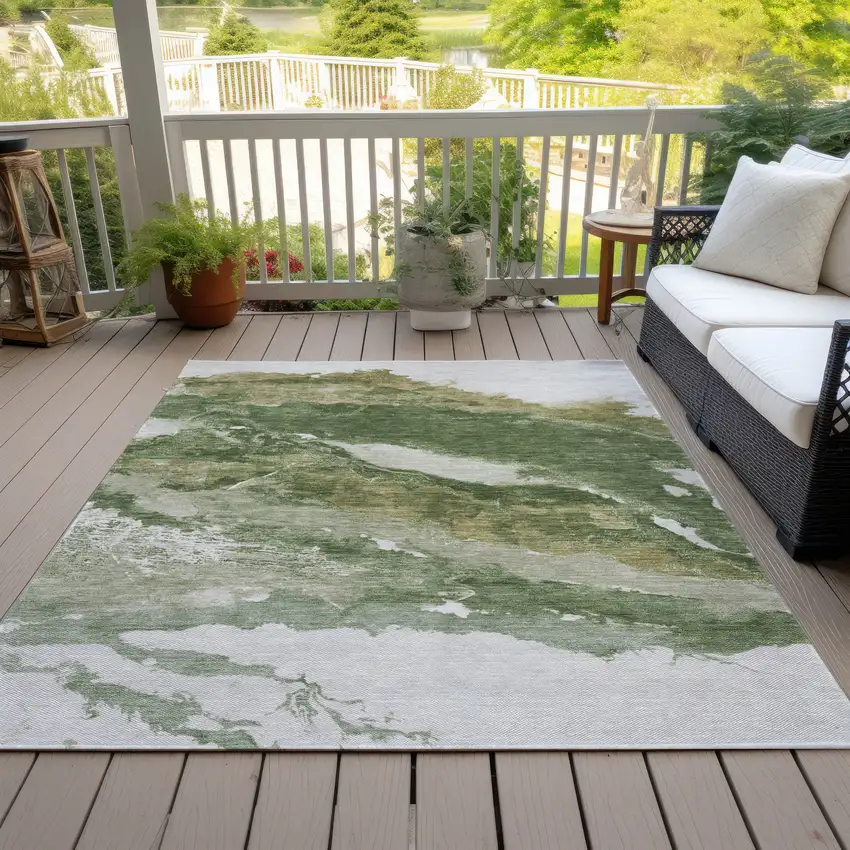 Green And Silver Abstract Washable Indoor Outdoor Area Rug Photo 6