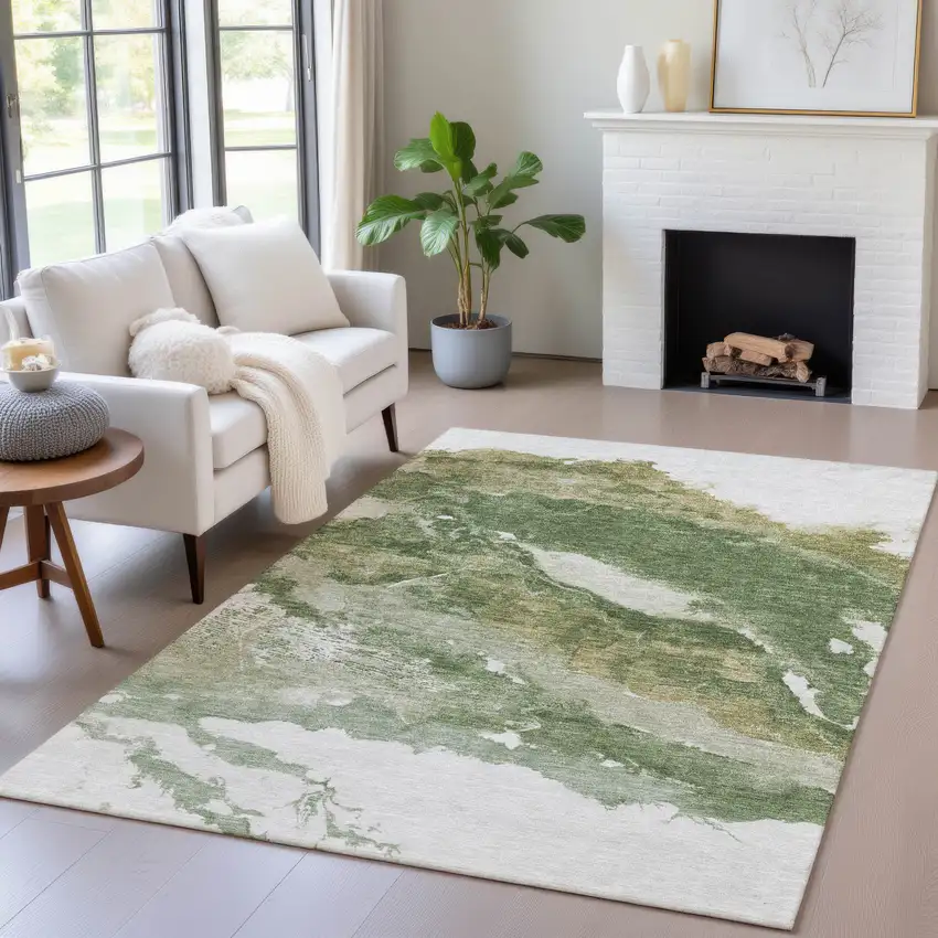 Green And Silver Abstract Washable Indoor Outdoor Area Rug Photo 4