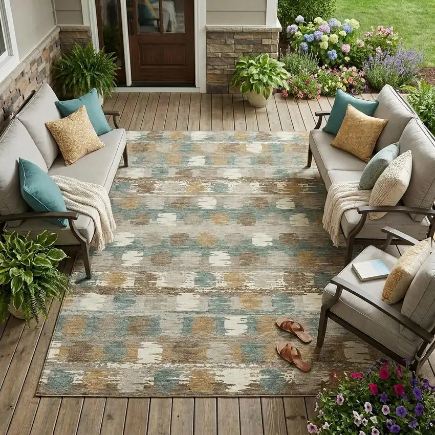 Green And Silver Abstract Washable Indoor Outdoor Area Rug Photo 1