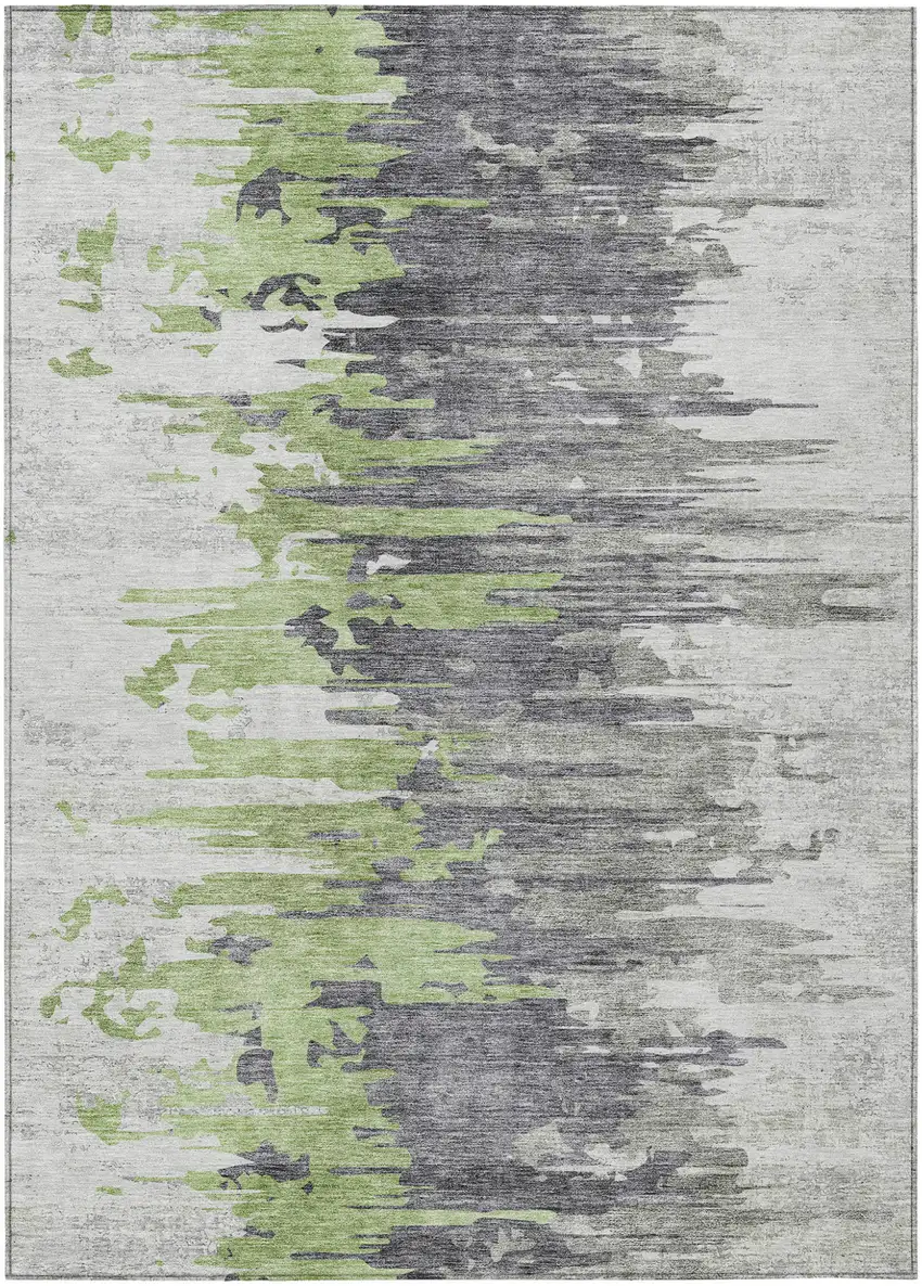 Green And Silver Abstract Washable Indoor Outdoor Area Rug Photo 1