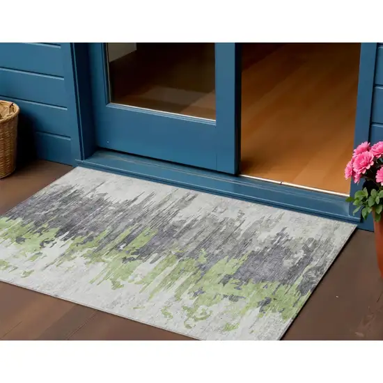 Green And Silver Abstract Washable Indoor Outdoor Area Rug Photo 1