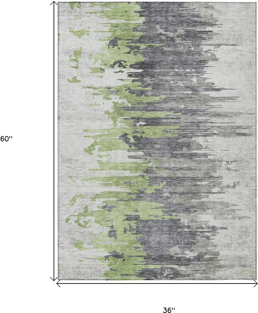 Green And Silver Abstract Washable Indoor Outdoor Area Rug Photo 3