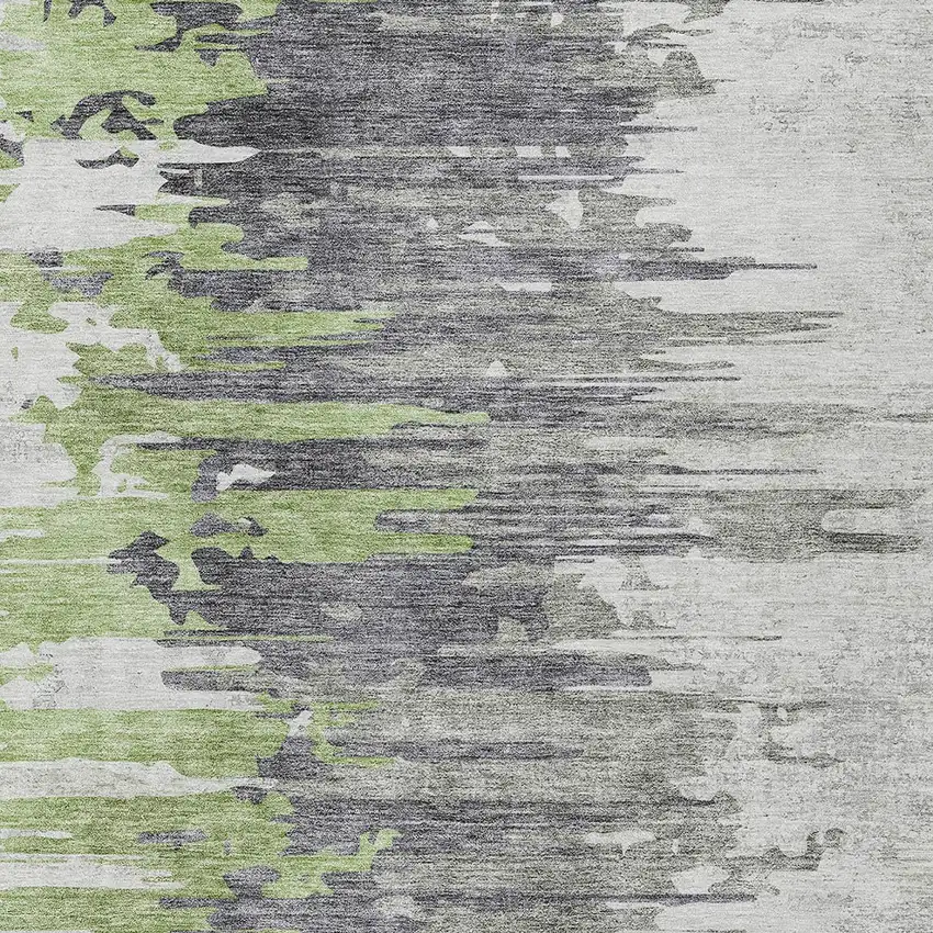 Green And Silver Abstract Washable Indoor Outdoor Area Rug Photo 4