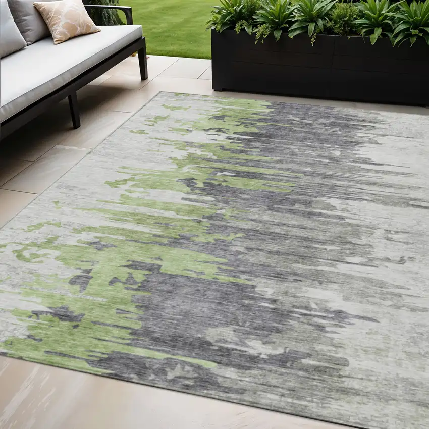 Green And Silver Abstract Washable Indoor Outdoor Area Rug Photo 1