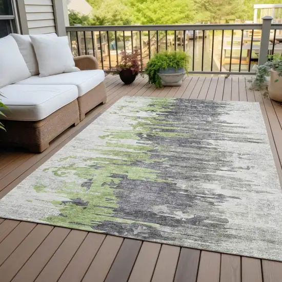 Green And Silver Abstract Washable Indoor Outdoor Area Rug Photo 6