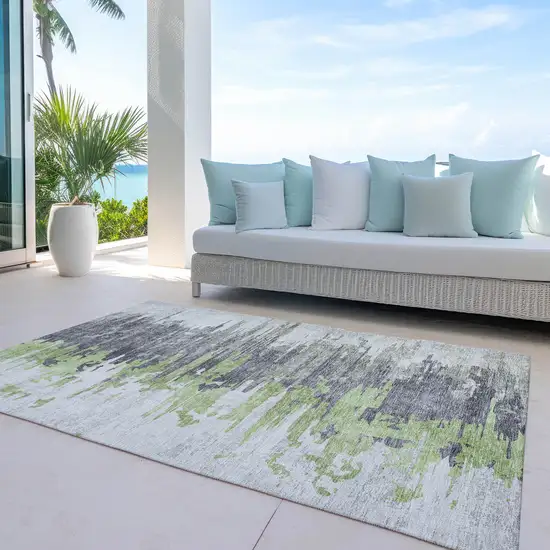 Green And Silver Abstract Washable Indoor Outdoor Area Rug Photo 9