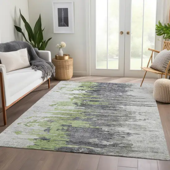 Green And Silver Abstract Washable Indoor Outdoor Area Rug Photo 7
