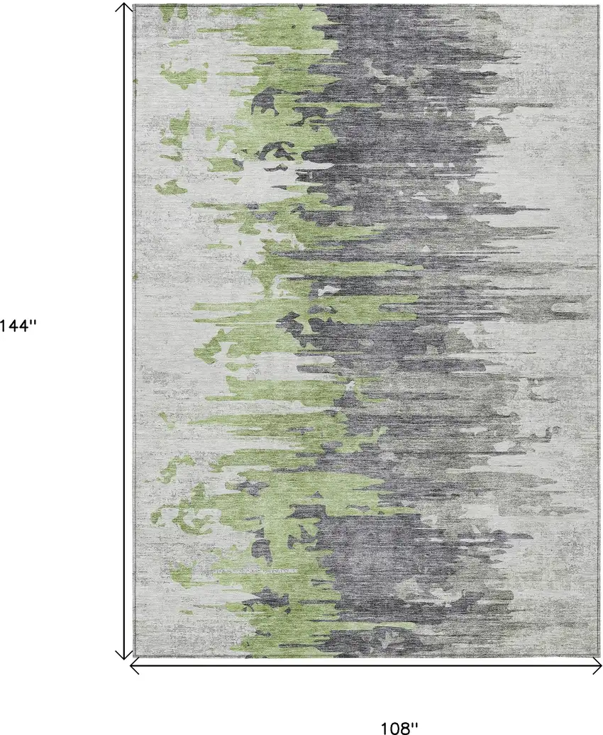 Green And Silver Abstract Washable Indoor Outdoor Area Rug Photo 3