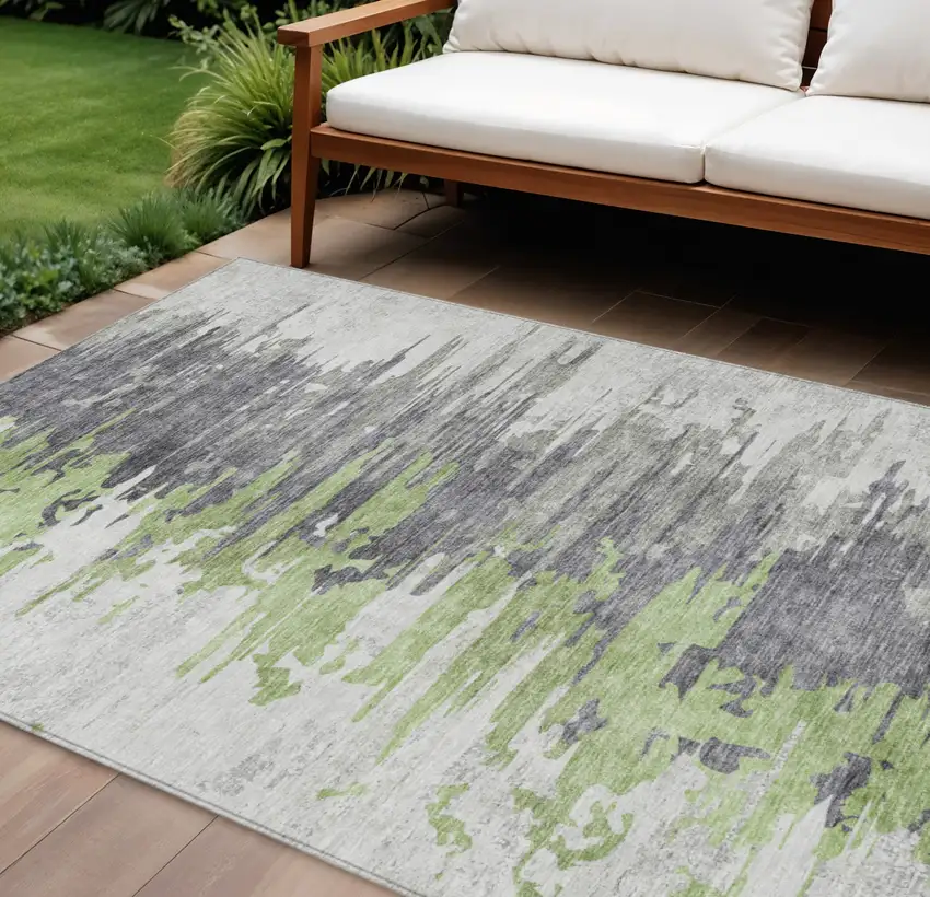 Green And Silver Abstract Washable Indoor Outdoor Area Rug Photo 1