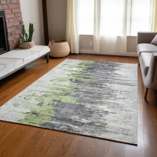 Green And Silver Abstract Washable Indoor Outdoor Area Rug Photo 8