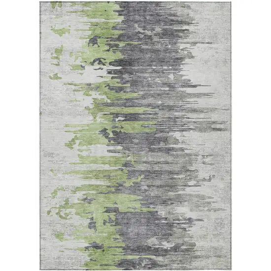 Green And Silver Abstract Washable Indoor Outdoor Area Rug Photo 1
