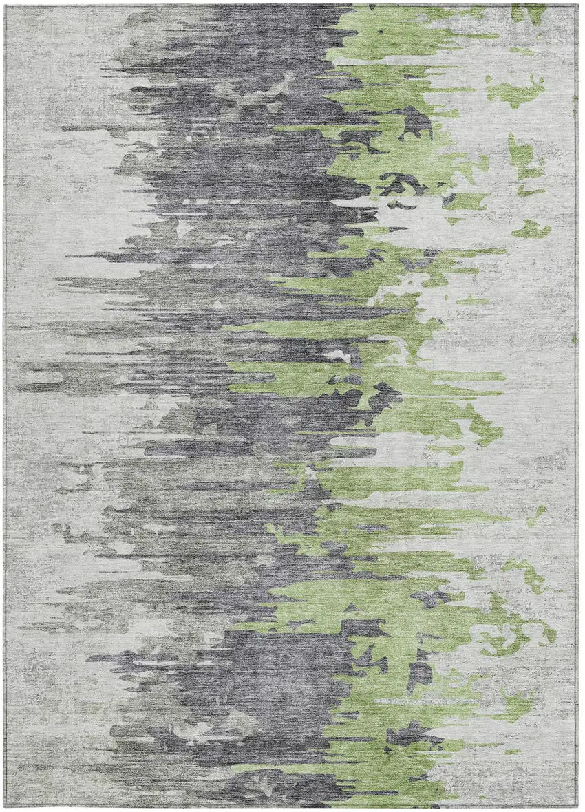 Green And Silver Abstract Washable Indoor Outdoor Area Rug Photo 5