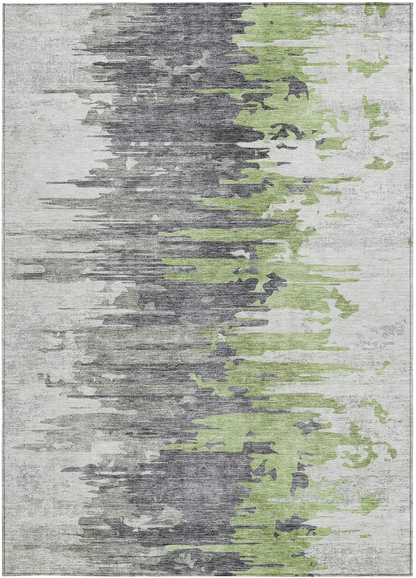 Green And Silver Abstract Washable Indoor Outdoor Area Rug Photo 5