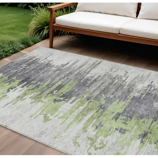 Green And Silver Abstract Washable Indoor Outdoor Area Rug Photo 1