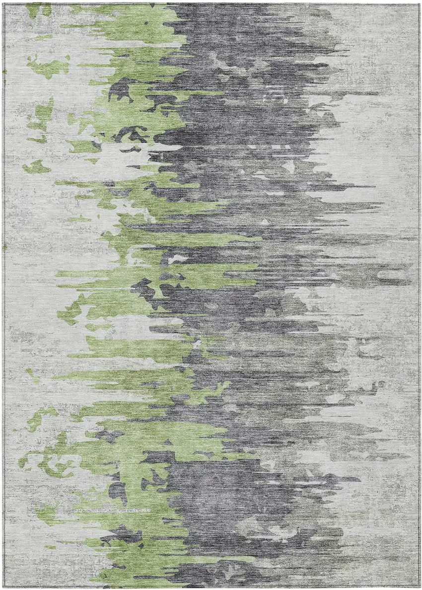 Green And Silver Abstract Washable Indoor Outdoor Area Rug Photo 1