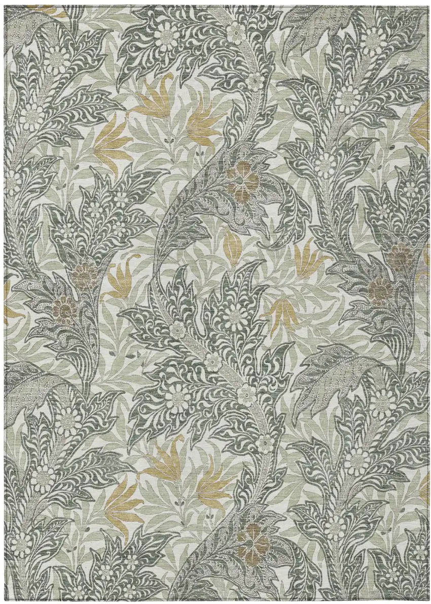 Green And Silver Botanical Leaves Washable Indoor Outdoor Area Rug Photo 2