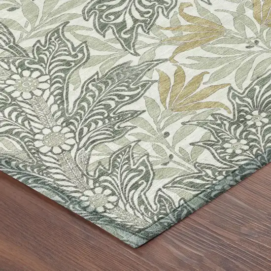 Green And Silver Botanical Leaves Washable Indoor Outdoor Area Rug Photo 3