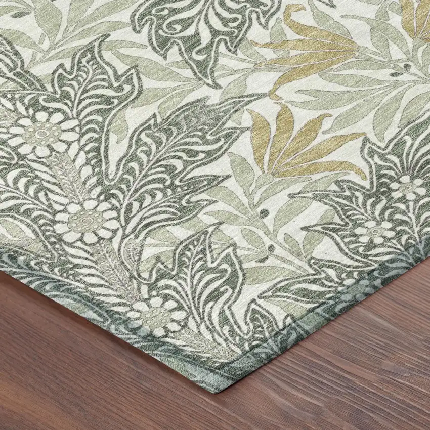 Green And Silver Botanical Leaves Washable Indoor Outdoor Area Rug Photo 3