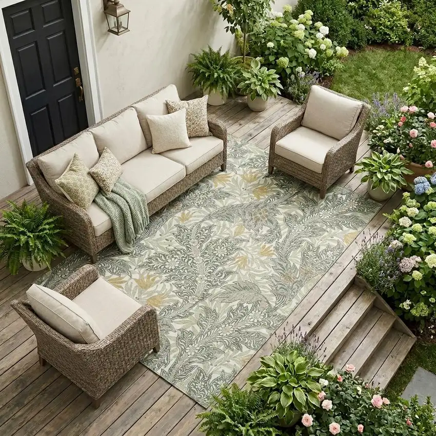 Green And Silver Botanical Leaves Washable Indoor Outdoor Area Rug Photo 1