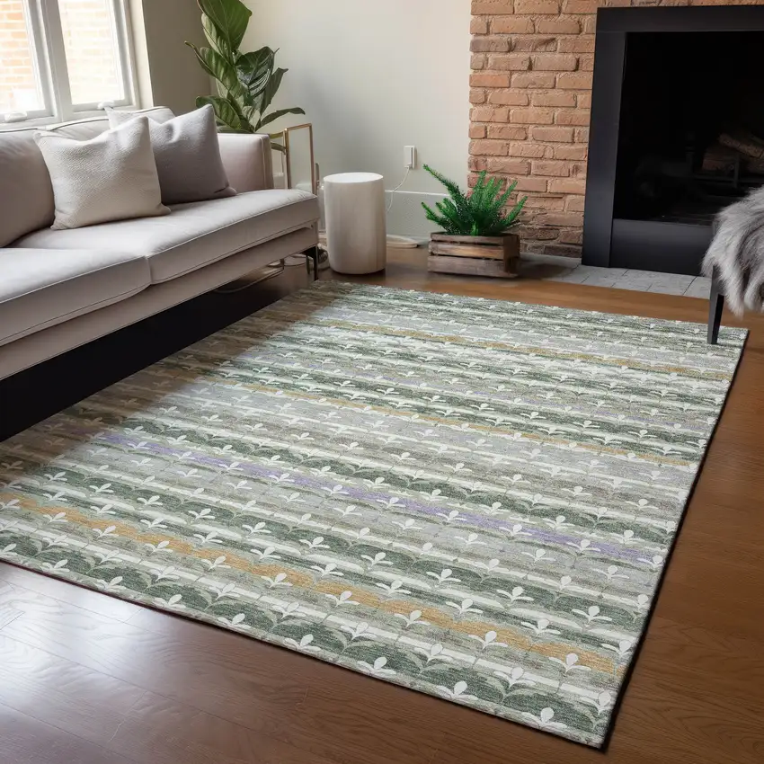 Green And Silver Damask Washable Indoor Outdoor Area Rug Photo 5