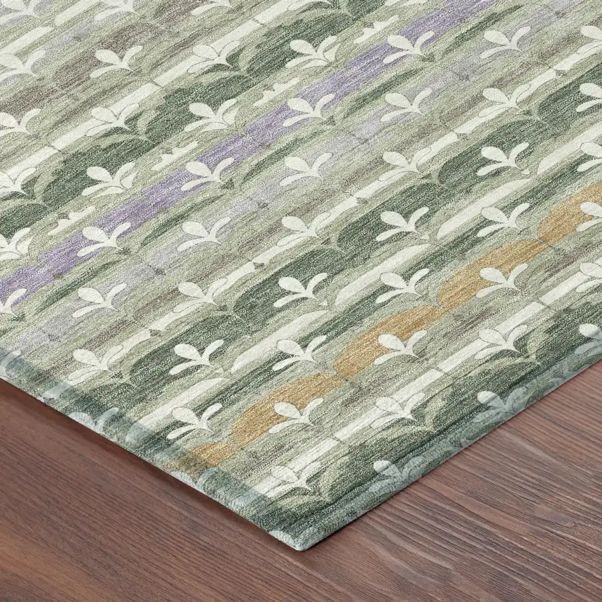 Green And Silver Damask Washable Indoor Outdoor Area Rug Photo 8