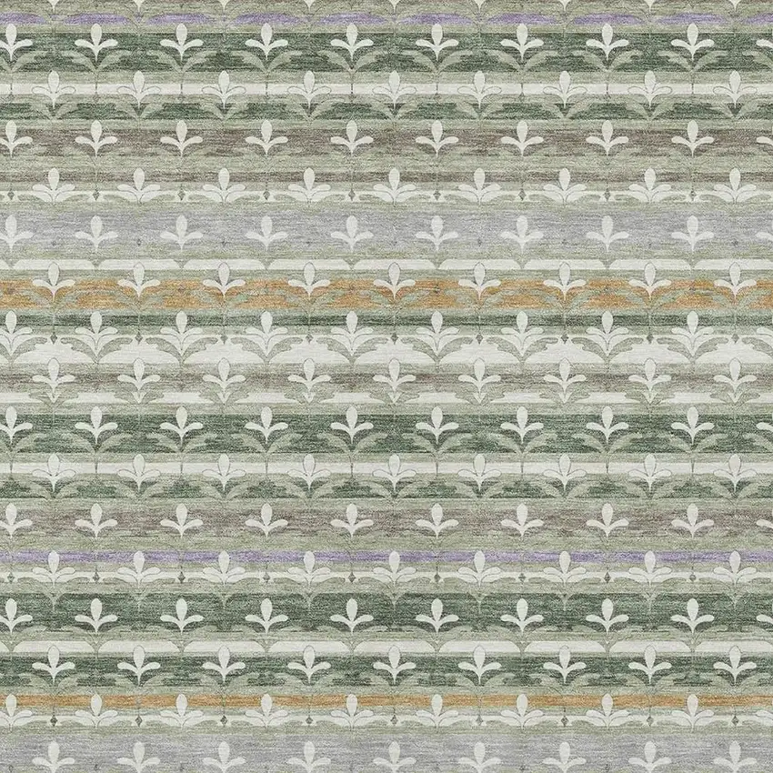 Green And Silver Damask Washable Indoor Outdoor Area Rug Photo 2