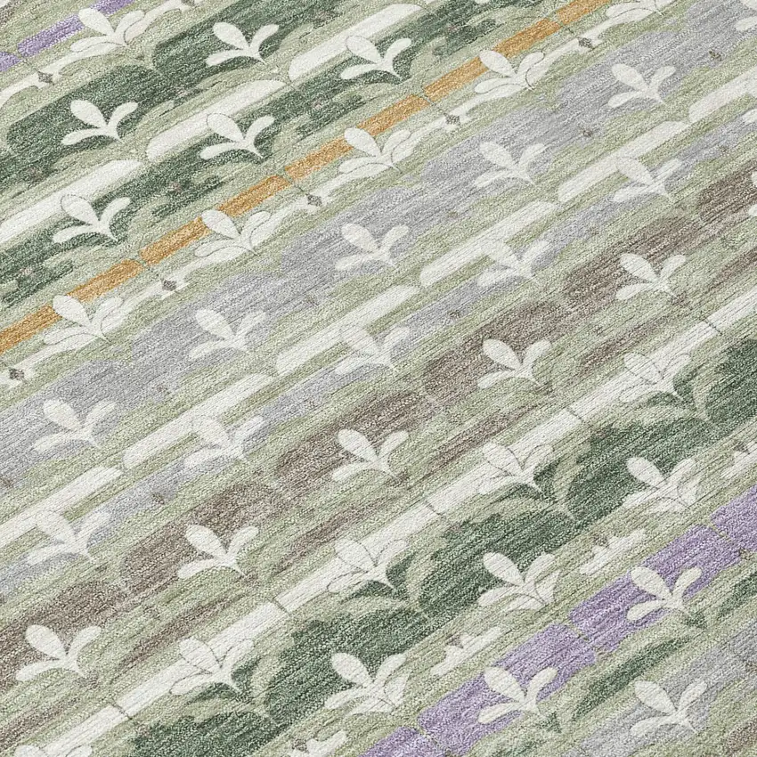 Green And Silver Damask Washable Indoor Outdoor Area Rug Photo 9