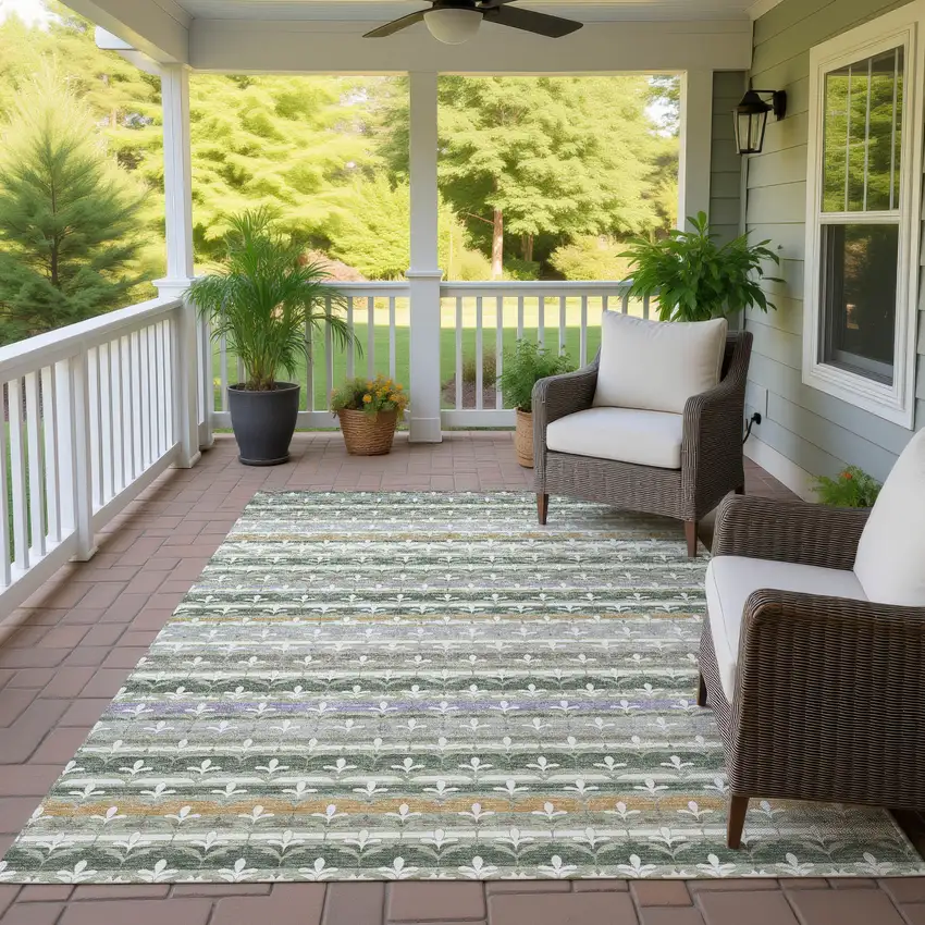 Green And Silver Damask Washable Indoor Outdoor Area Rug Photo 4
