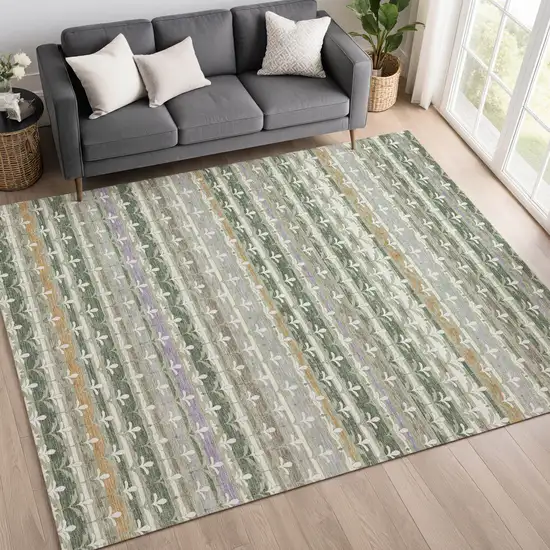 Green And Silver Damask Washable Indoor Outdoor Area Rug Photo 6