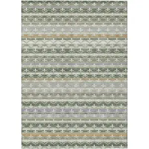Photo of Green And Silver Damask Washable Indoor Outdoor Area Rug