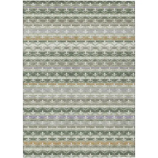 Green And Silver Damask Washable Indoor Outdoor Area Rug Photo 1