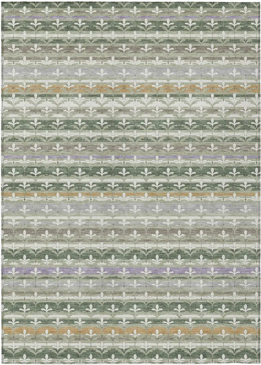 Green And Silver Damask Washable Indoor Outdoor Area Rug Photo 1