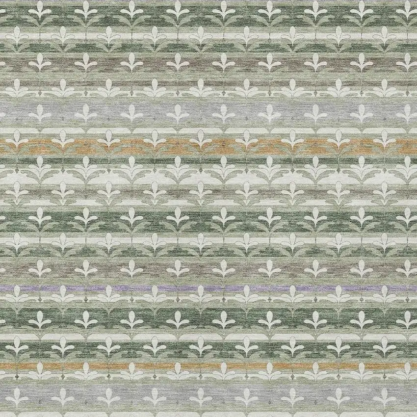 Green And Silver Damask Washable Indoor Outdoor Area Rug Photo 2