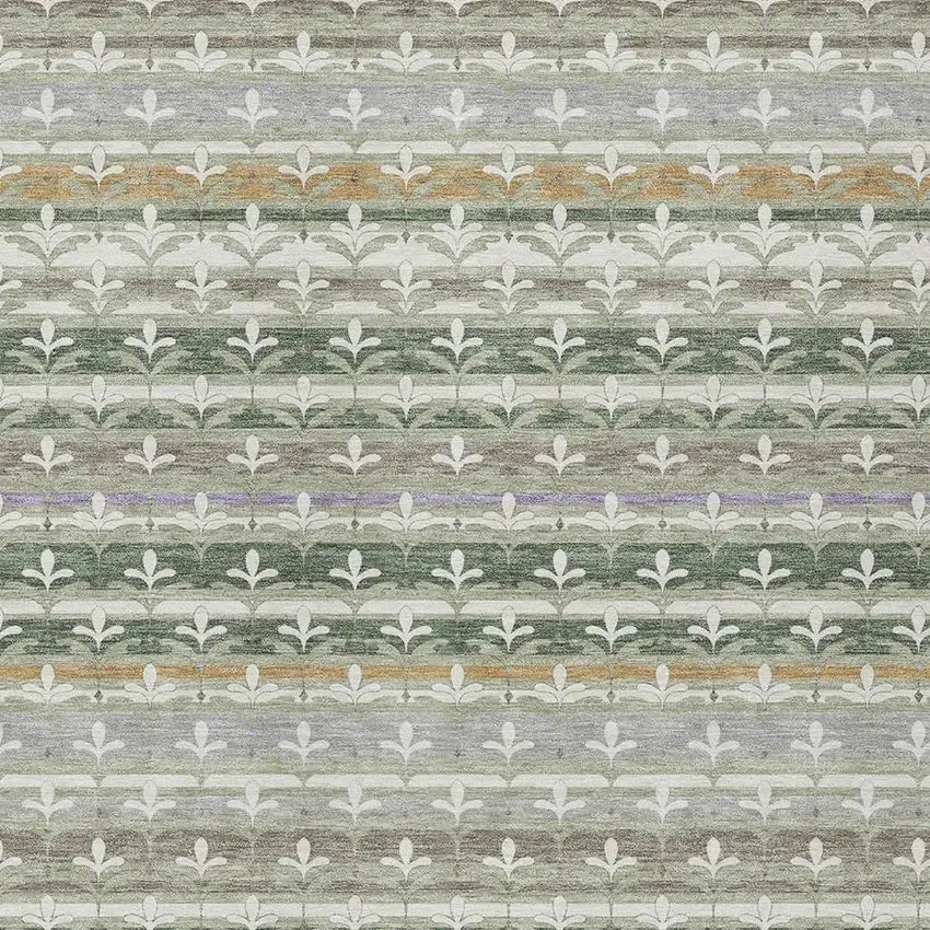 Green And Silver Damask Washable Indoor Outdoor Area Rug Photo 2