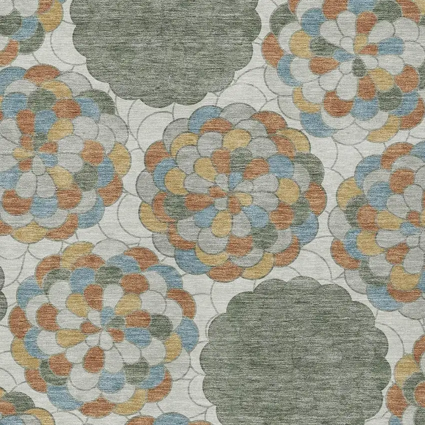 Green And Silver Floral Washable Indoor Outdoor Area Rug Photo 2
