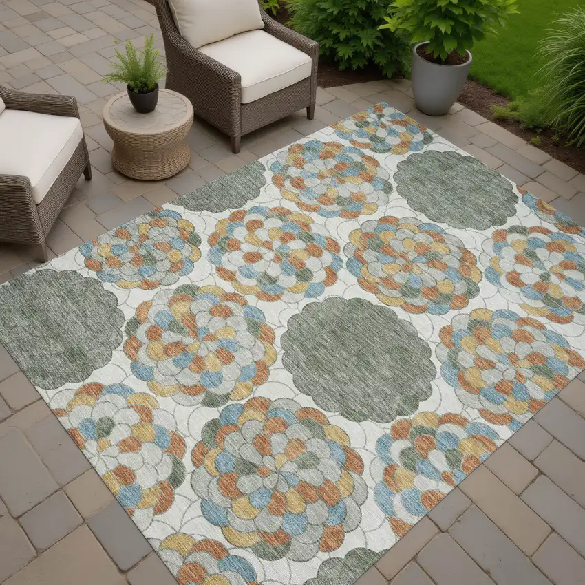 Green And Silver Floral Washable Indoor Outdoor Area Rug Photo 7
