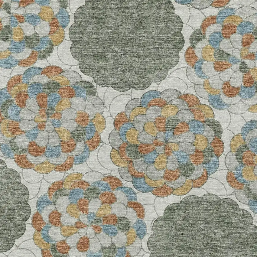 Green And Silver Floral Washable Indoor Outdoor Area Rug Photo 2