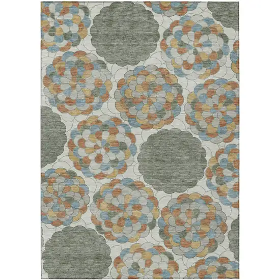 Green And Silver Floral Washable Indoor Outdoor Area Rug Photo 1