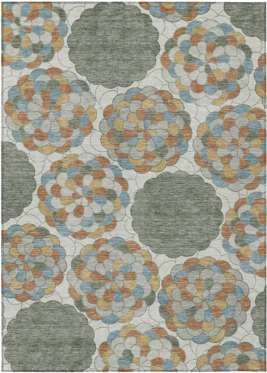 Green And Silver Floral Washable Indoor Outdoor Area Rug Photo 1