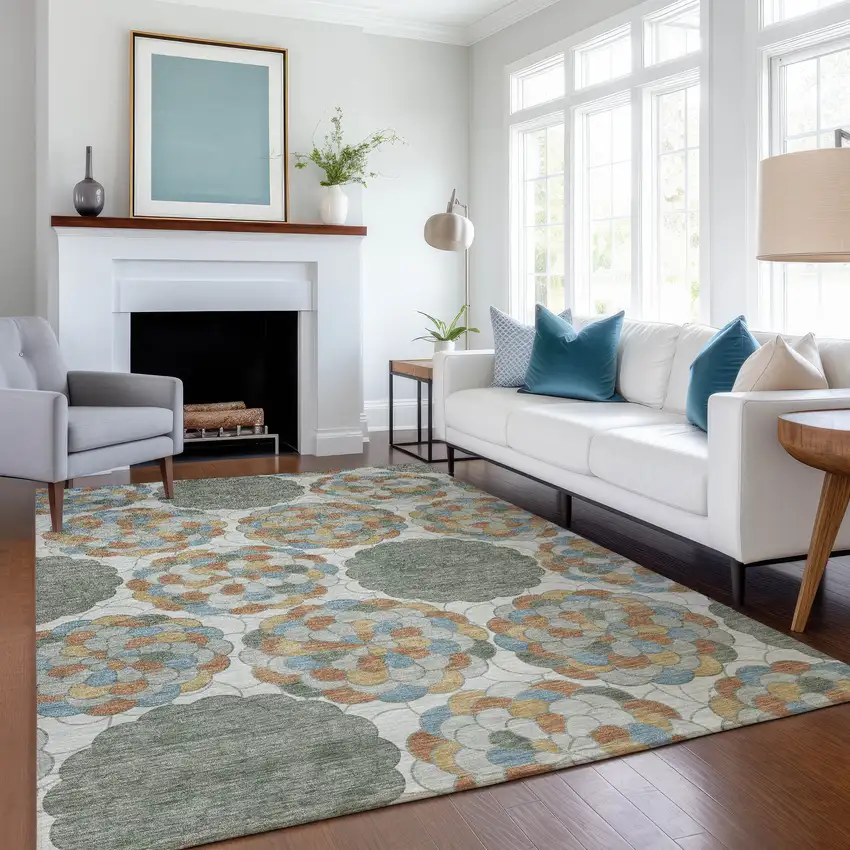 Green And Silver Floral Washable Indoor Outdoor Area Rug Photo 6