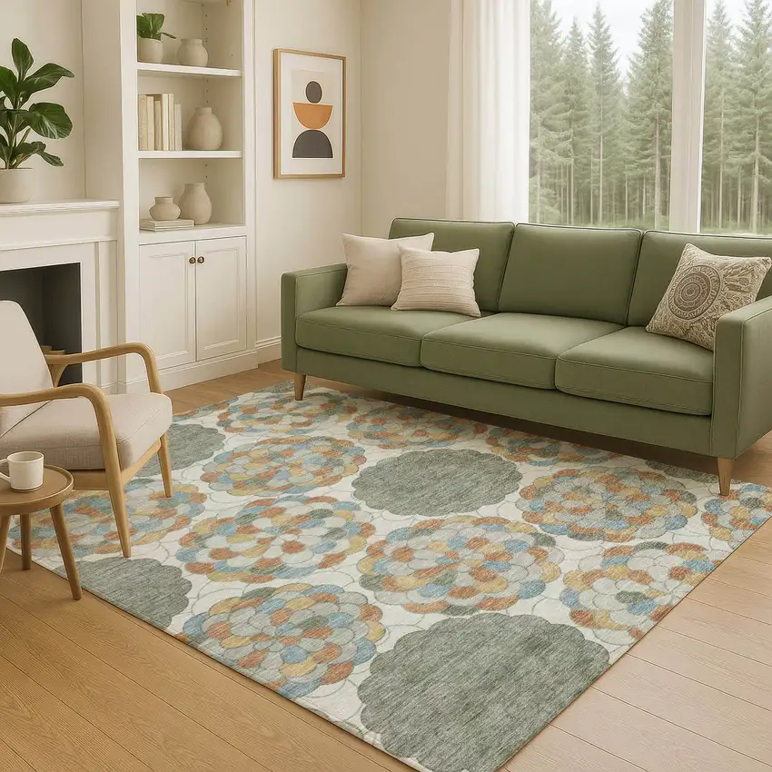 Green And Silver Floral Washable Indoor Outdoor Area Rug Photo 5