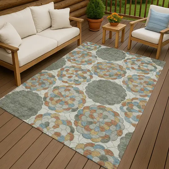 Green And Silver Floral Washable Indoor Outdoor Area Rug Photo 4