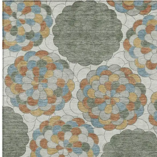Green And Silver Floral Washable Indoor Outdoor Area Rug Photo 2