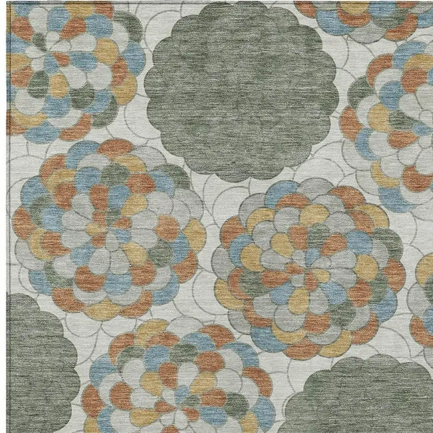 Green And Silver Floral Washable Indoor Outdoor Area Rug Photo 2