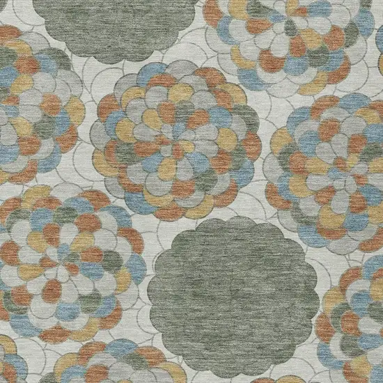 Green And Silver Floral Washable Indoor Outdoor Area Rug Photo 2