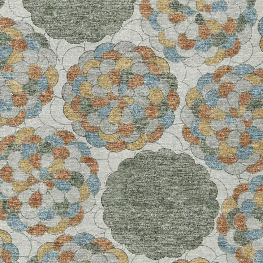 Green And Silver Floral Washable Indoor Outdoor Area Rug Photo 2