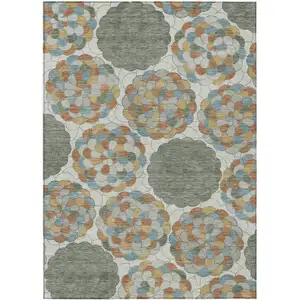 Photo of Green And Silver Floral Washable Indoor Outdoor Area Rug