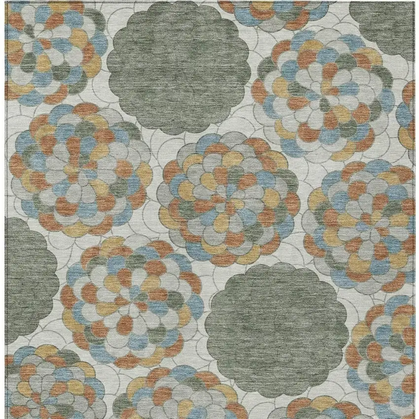 Green And Silver Floral Washable Indoor Outdoor Area Rug Photo 9