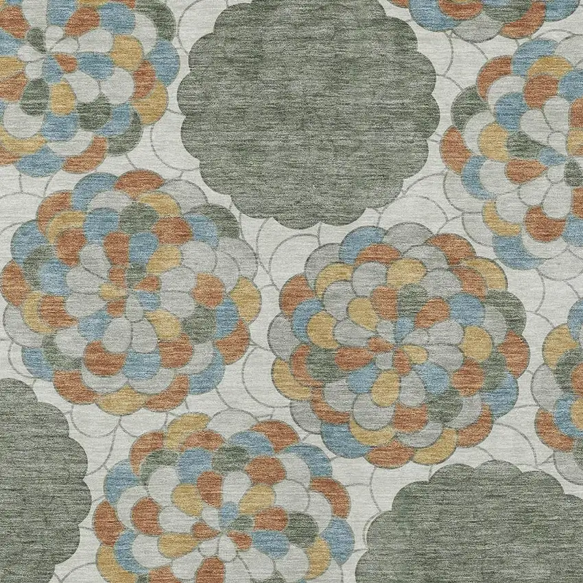 Green And Silver Floral Washable Indoor Outdoor Area Rug Photo 8